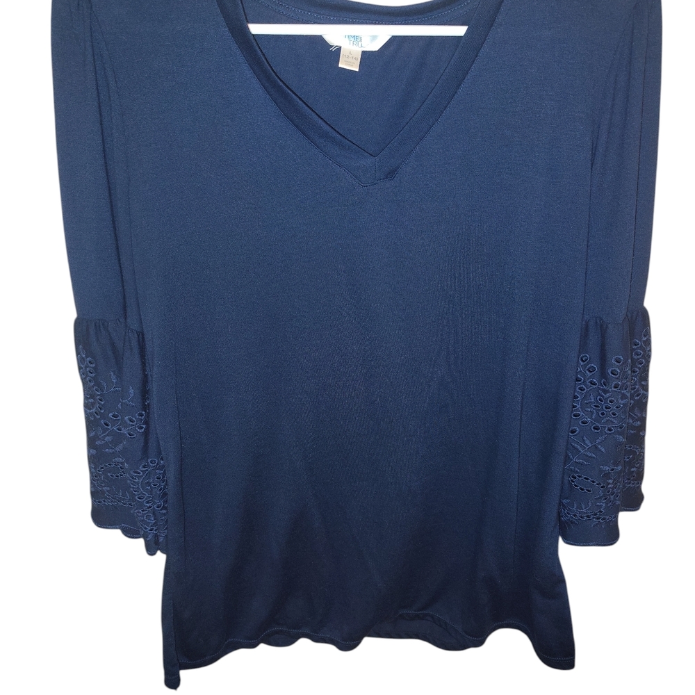 Time and Tru Dark Blue Blouse with Floral Sleeves